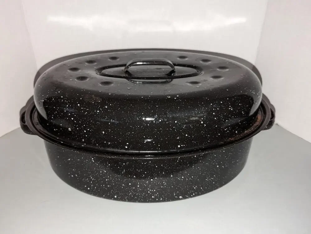 Large Black Speckled Enamel Roasting Pan 16.25